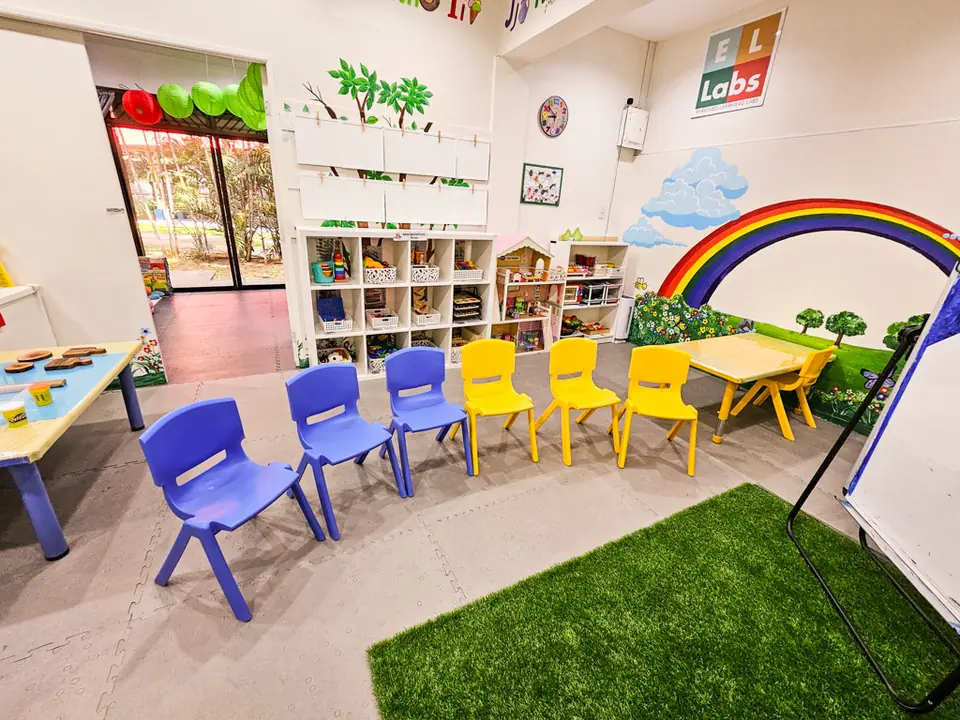 Bright ELLabs classroom with blue chairs, low shelves and a rainbow mural